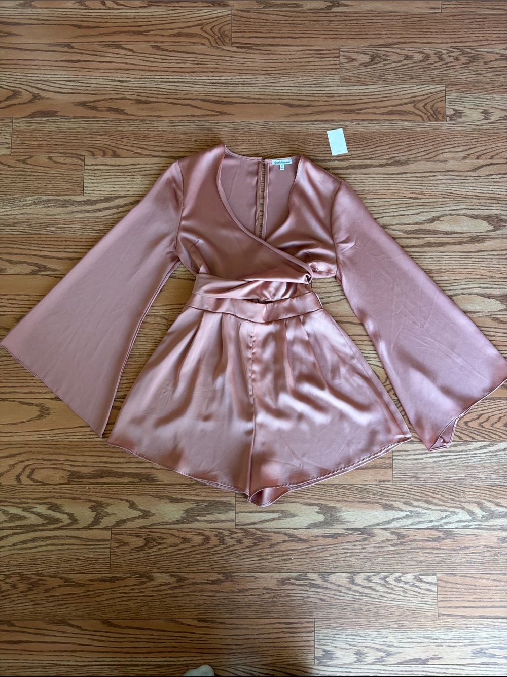 Charlotte Russe Satin Wrap Romper in Rose Gold
